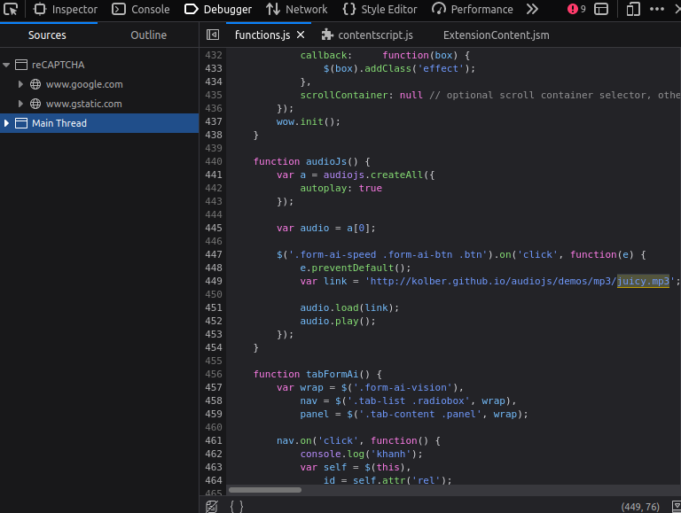 A view of the Firefox dev tools. We are searching all of the files from fpt.ai for the word "juicy", which shows up in the functions.js file, being called in the audioJs() function. An `.on('click')` event handler is being added to the .form.ai-btn class.