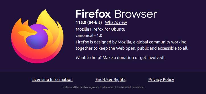 Firefox browser, 115.0 (64-bit) What's new. Mozilla Firefox for Ubuntu, canonical -1.0, Firefox is designed by Mozilla, a global community working together to keep the Web open, public, and accessible to all.