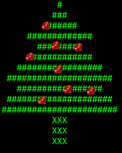 Hacker-terminal green-text on black background ASCII art of a christmas tree, with copies of the Ruby project logo image hanging on the tree as ornaments