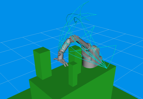 A Barrett WAM robot, with a visualization of multiple motion plans