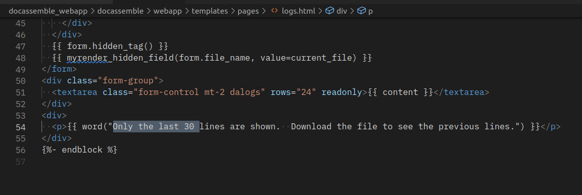A screenshot of the `logs.html` file, that contains the words 'Only the last 30 lines'