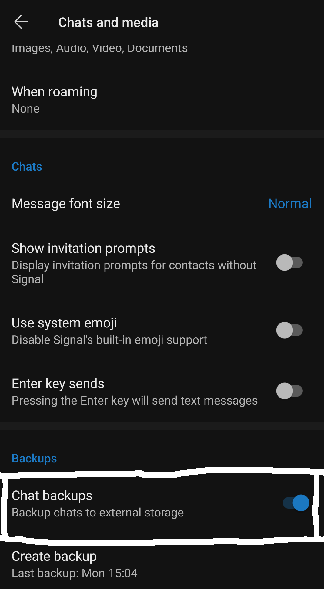 the Signal Chats and Media screen, emphasizing the Chat Backup selection