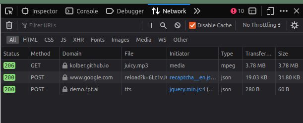 The network tab of Firefox. There are three network requests, one to `kolber.github.io`, one to `www.google.com`, and one to `demo.fpt.ai`