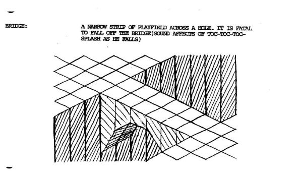 A scan of the Marble Madness Design doc. Two hand drawn sketches of a narrow bridge and a cliff are shown. It says "Bridge: A narrow strip of playfield across a hole. It is fatal to fall off the bridge (Sound affects of toc-toc-toc-toc splash as he falls).