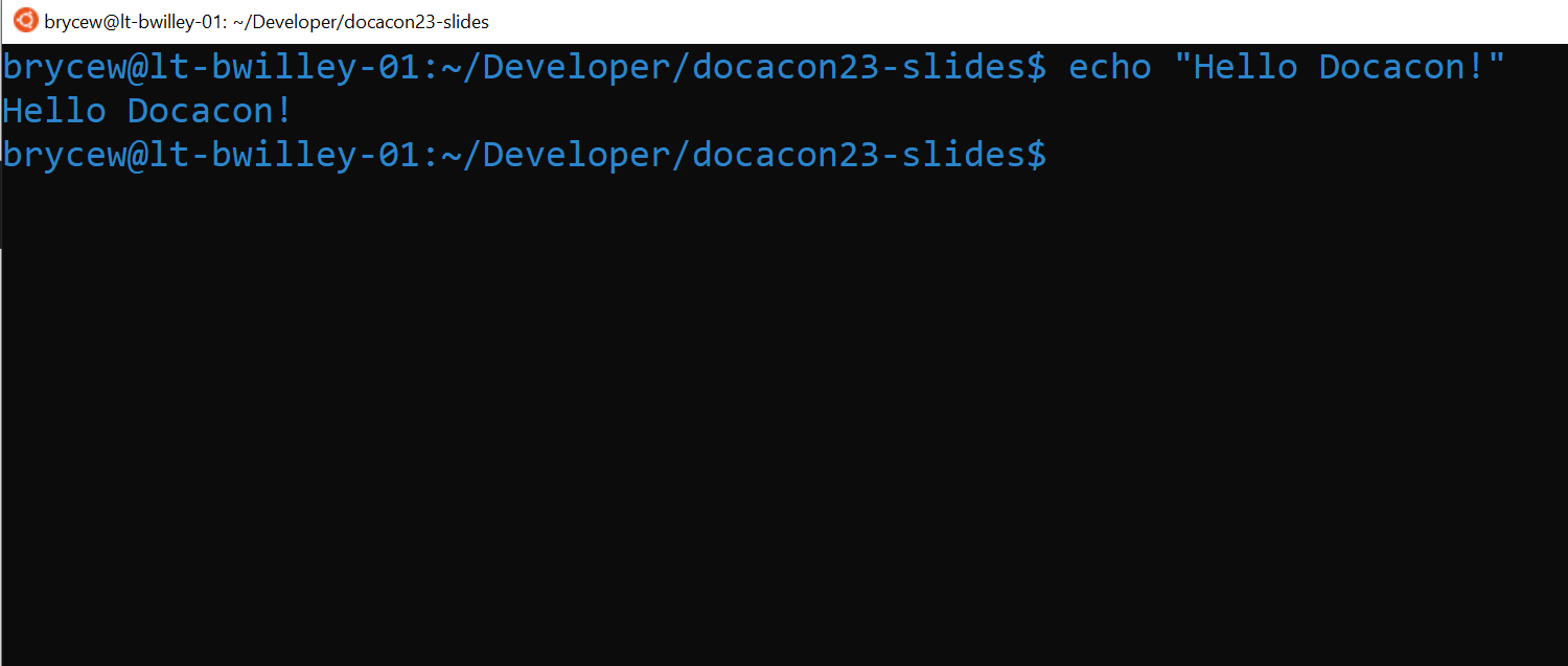 A screenshot of the Windows terminal, with the message 'Hello Docacon!'