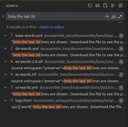 A screen shot of 'Only the last 30 lines' in the VS Code search bar, with results below